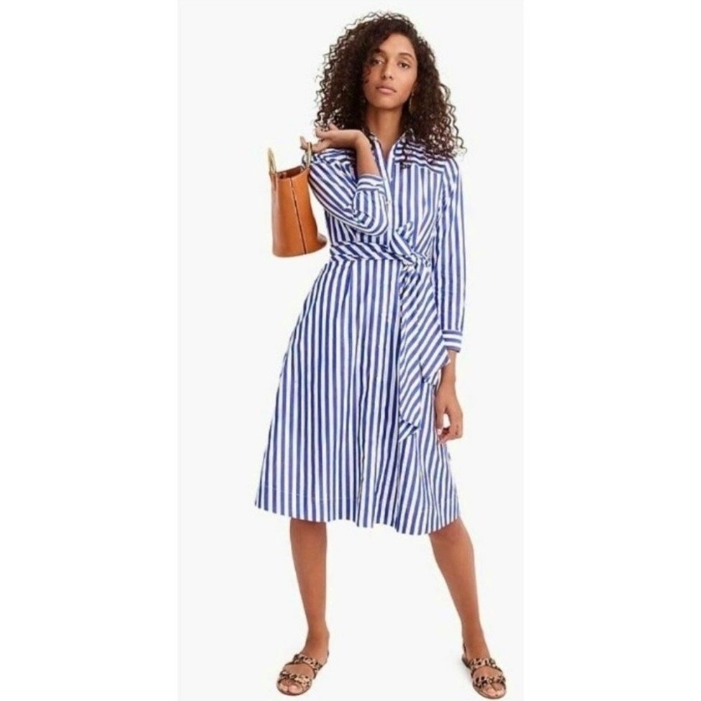 J. CREW‎ Lighthouse Tie Waist Shirtdress Blue White Stripe Shirt Dress Size 0